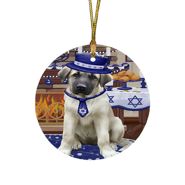 Happy Hanukkah Family and Happy Hanukkah Both Anatolian Shepherd Dog Round Flat Christmas Ornament RFPOR57544