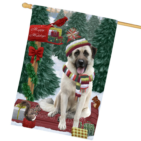 Christmas Woodland Sled Anatolian Shepherd Dog House Flag Outdoor Decorative Double Sided Pet Portrait Weather Resistant Premium Quality Animal Printed Home Decorative Flags 100% Polyester FLG69523