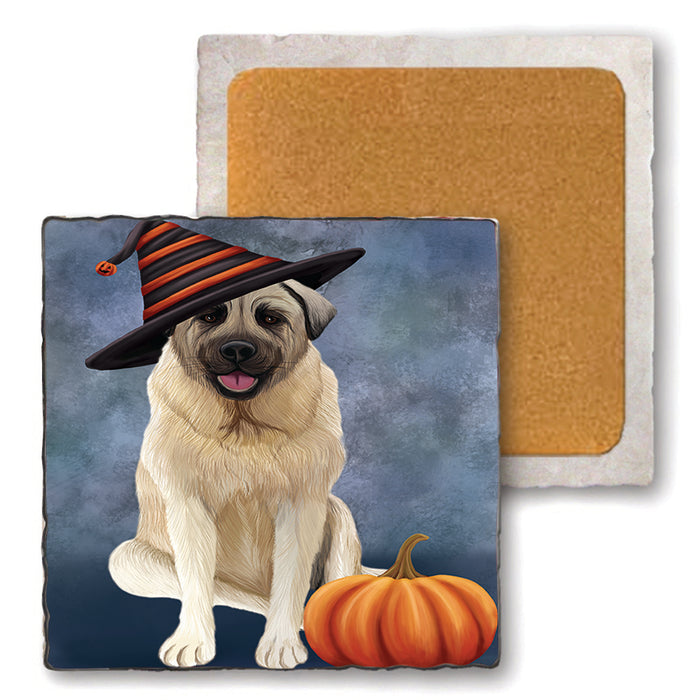 Happy Halloween Anatolian Shepherd Dog Wearing Witch Hat with Pumpkin Set of 4 Natural Stone Marble Tile Coasters MCST49857