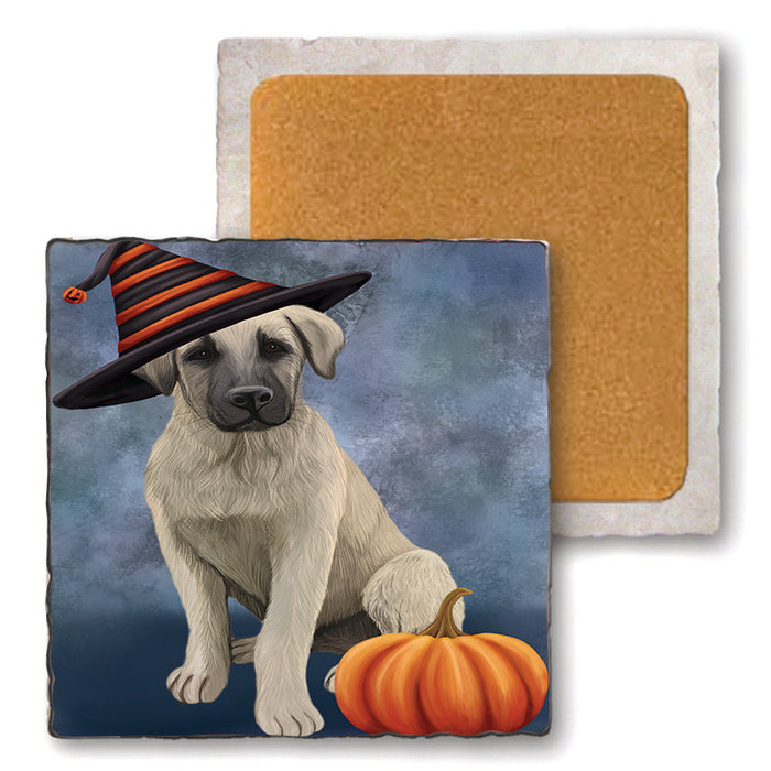 Happy Halloween Anatolian Shepherd Dog Wearing Witch Hat with Pumpkin Set of 4 Natural Stone Marble Tile Coasters MCST49858