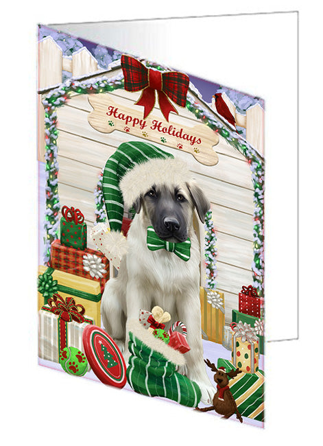 Happy Holidays Christmas Anatolian Shepherd Dog House with Presents Handmade Artwork Assorted Pets Greeting Cards and Note Cards with Envelopes for All Occasions and Holiday Seasons GCD57956