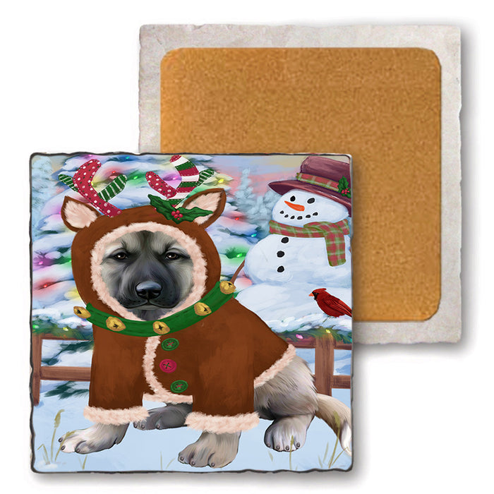 Christmas Gingerbread House Candyfest Anatolian Shepherd Dog Set of 4 Natural Stone Marble Tile Coasters MCST51143