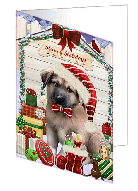 Happy Holidays Christmas Anatolian Shepherd Dog House with Presents Handmade Artwork Assorted Pets Greeting Cards and Note Cards with Envelopes for All Occasions and Holiday Seasons GCD57962