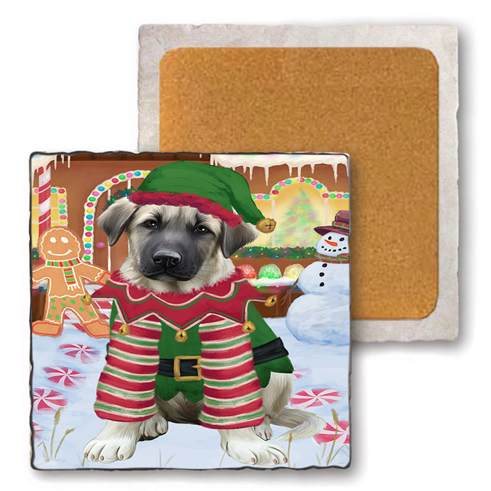 Christmas Gingerbread House Candyfest Anatolian Shepherd Dog Set of 4 Natural Stone Marble Tile Coasters MCST51144