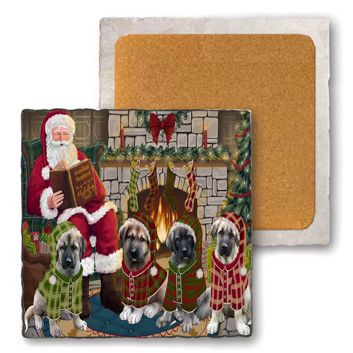 Christmas Cozy Holiday Tails Anatolian Shepherds Dog Set of 4 Natural Stone Marble Tile Coasters MCST50090