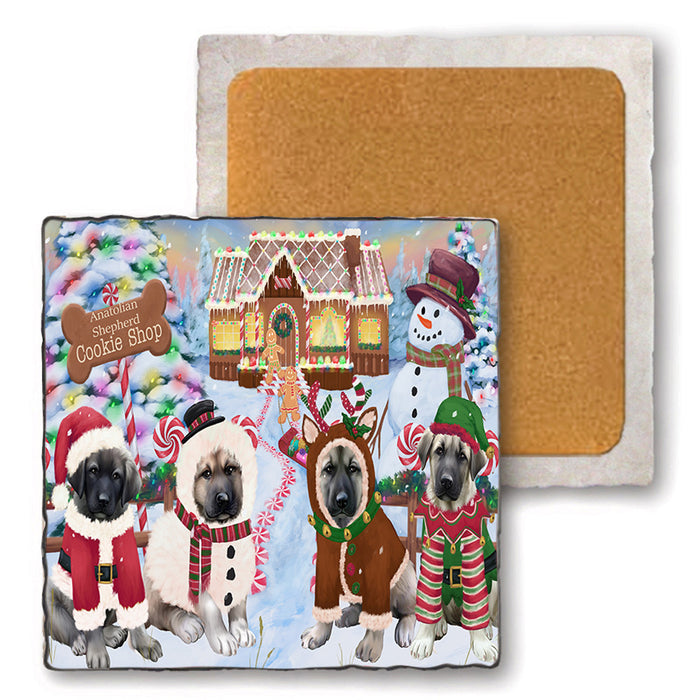 Holiday Gingerbread Cookie Shop Anatolian Shepherds Dog Set of 4 Natural Stone Marble Tile Coasters MCST51096