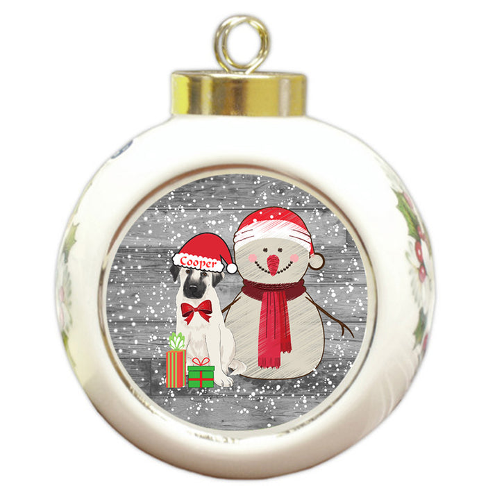 Custom Personalized Snowy Snowman and Anatolian Shepherd Dog Christmas Round Ball Ornament