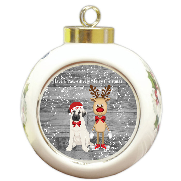 Custom Personalized Anatolian Shepherd Dog Reindeer and Pooch Christmas Round Ball Ornament