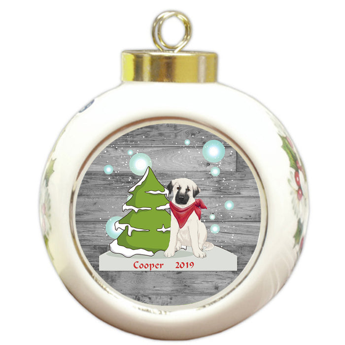 Custom Personalized Winter Scenic Tree and Presents Anatolian Shepherd Dog Christmas Round Ball Ornament