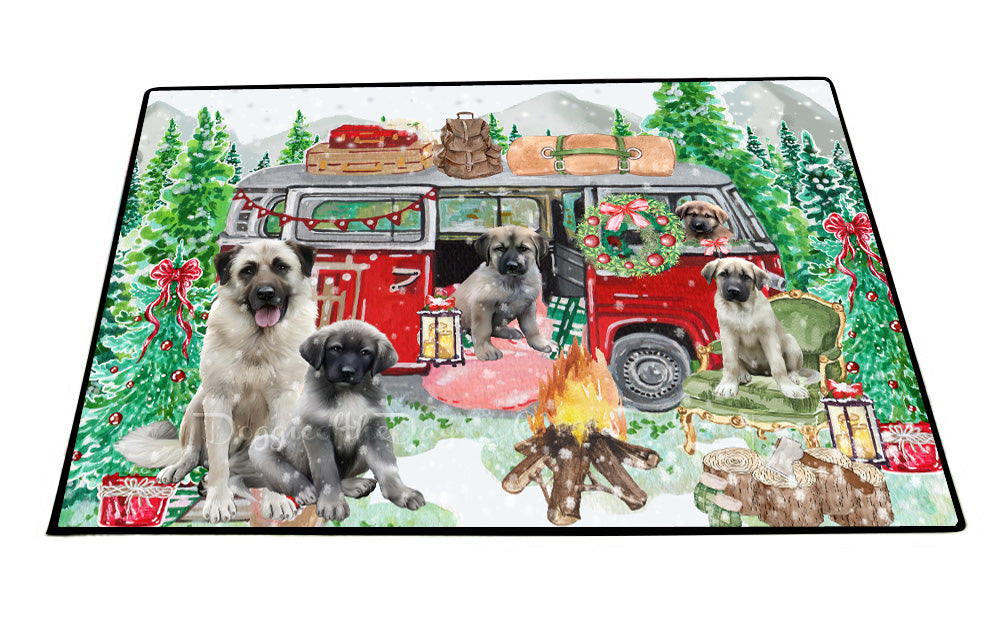Christmas Time Camping with Anatolian Shepherd Dogs Floor Mat- Anti-Slip Pet Door Mat Indoor Outdoor Front Rug Mats for Home Outside Entrance Pets Portrait Unique Rug Washable Premium Quality Mat