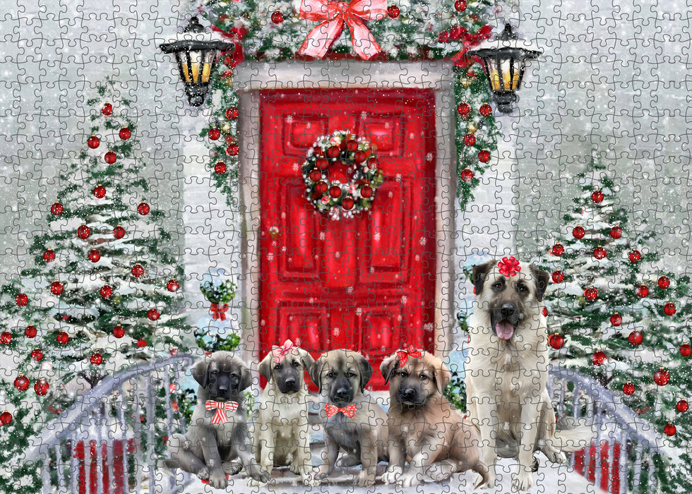 Christmas Holiday Welcome Anatolian Shepherd Dogs Portrait Jigsaw Puzzle for Adults Animal Interlocking Puzzle Game Unique Gift for Dog Lover's with Metal Tin Box