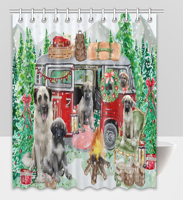 Christmas Time Camping with Anatolian Shepherd Dogs Shower Curtain Pet Painting Bathtub Curtain Waterproof Polyester One-Side Printing Decor Bath Tub Curtain for Bathroom with Hooks