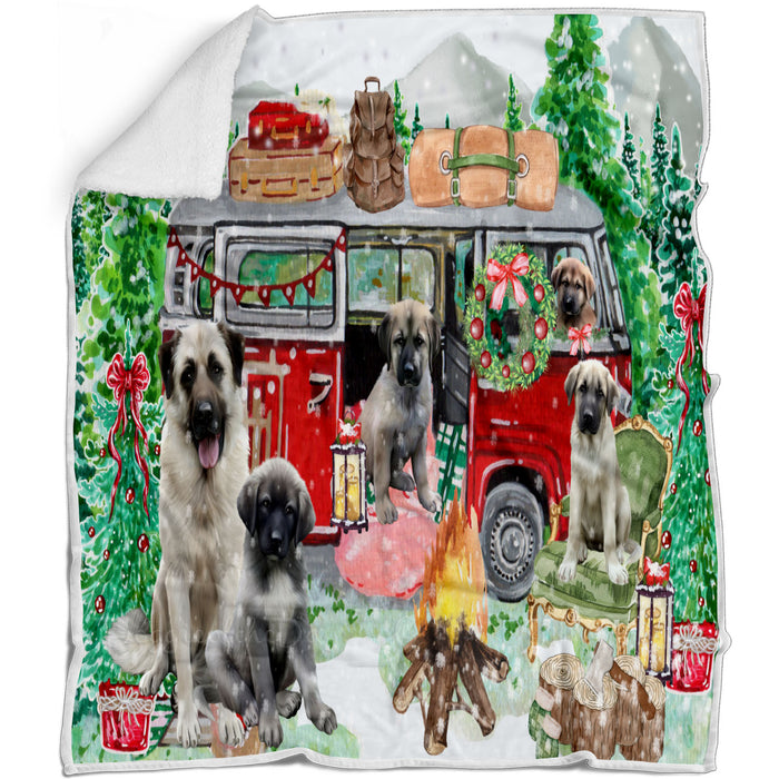 Christmas Time Camping with Anatolian Shepherd Dogs Blanket - Lightweight Soft Cozy and Durable Bed Blanket - Animal Theme Fuzzy Blanket for Sofa Couch