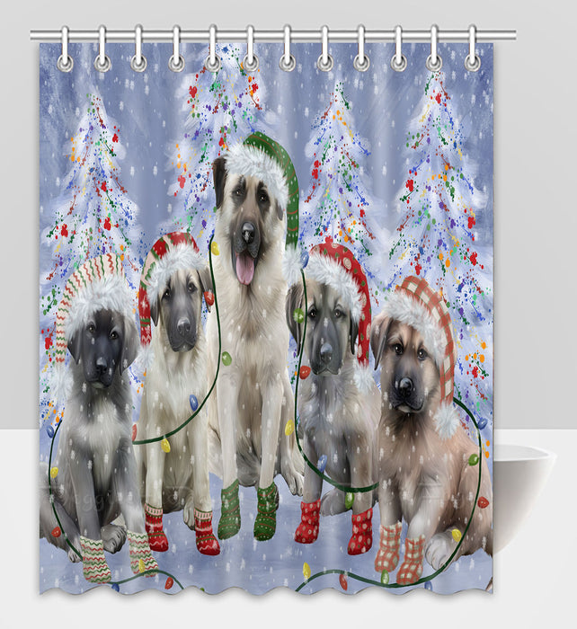 Christmas Lights and Anatolian Shepherd Dogs Shower Curtain Pet Painting Bathtub Curtain Waterproof Polyester One-Side Printing Decor Bath Tub Curtain for Bathroom with Hooks