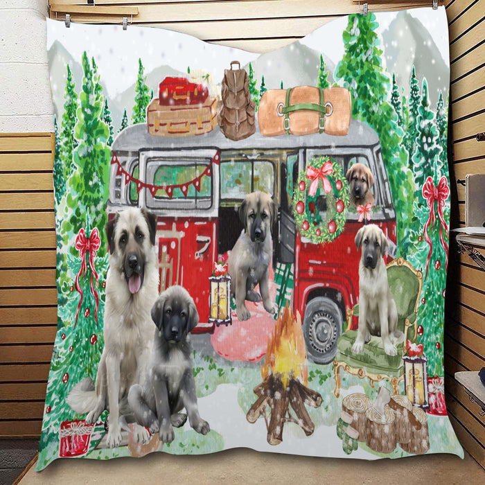 Christmas Time Camping with Anatolian Shepherd Dogs  Quilt Bed Coverlet Bedspread - Pets Comforter Unique One-side Animal Printing - Soft Lightweight Durable Washable Polyester Quilt