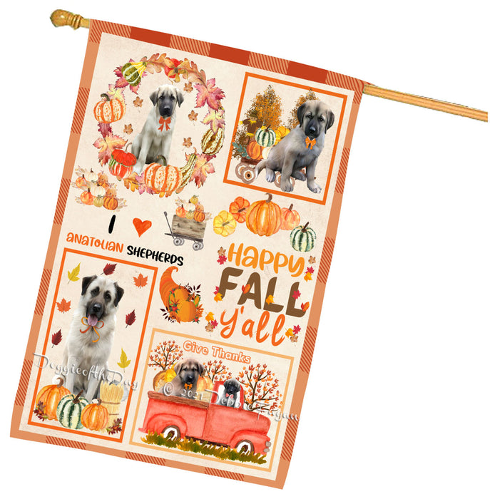 Happy Fall Y'all Pumpkin Anatolian Shepherd Dogs House Flag Outdoor Decorative Double Sided Pet Portrait Weather Resistant Premium Quality Animal Printed Home Decorative Flags 100% Polyester