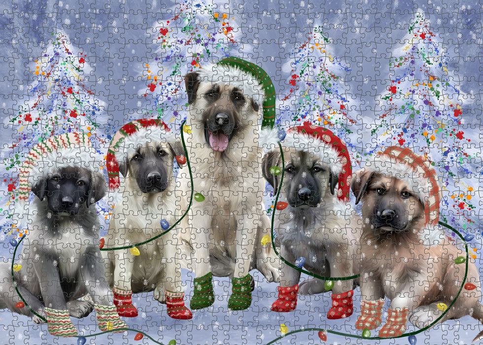 Christmas Lights and Anatolian Shepherd Dogs Portrait Jigsaw Puzzle for Adults Animal Interlocking Puzzle Game Unique Gift for Dog Lover's with Metal Tin Box