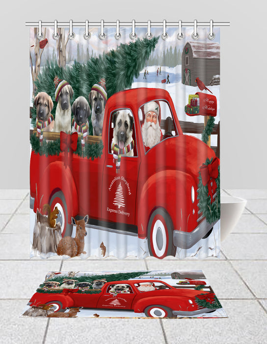 Christmas Santa Express Delivery Red Truck Anatolian Shepherd Dogs Bath Mat and Shower Curtain Combo