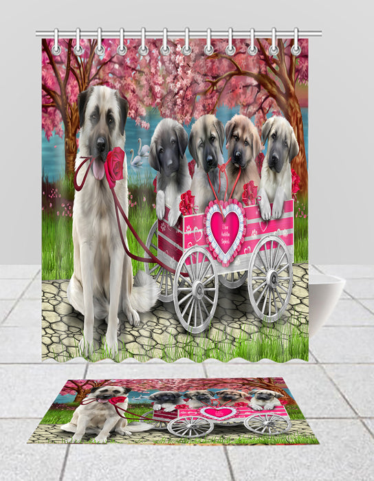 I Love Anatolian Shepherd Dogs in a Cart Bath Mat and Shower Curtain Combo
