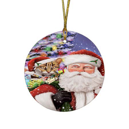Santa Carrying Asian Leopard Cat and Christmas Presents Round Flat Christmas Ornament RFPOR55837