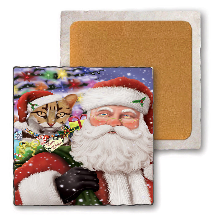 Santa Carrying Asian Leopard Cat and Christmas Presents Set of 4 Natural Stone Marble Tile Coasters MCST50481