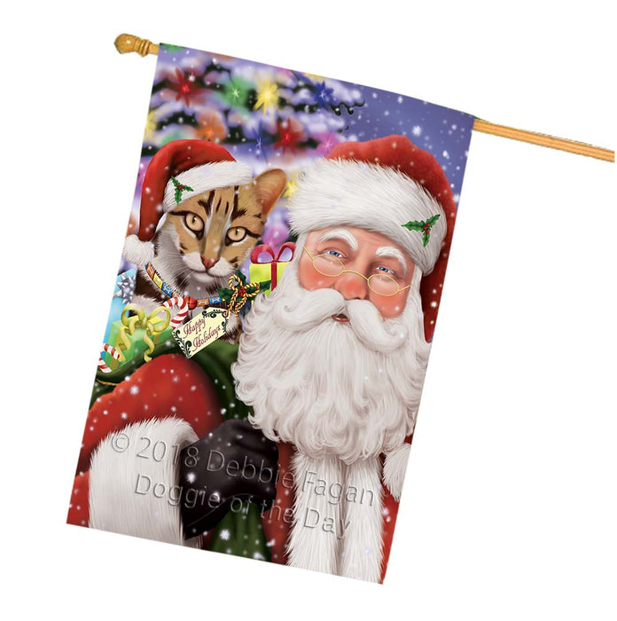 Santa Carrying Asian Leopard Cat and Christmas Presents House Flag FLG55910