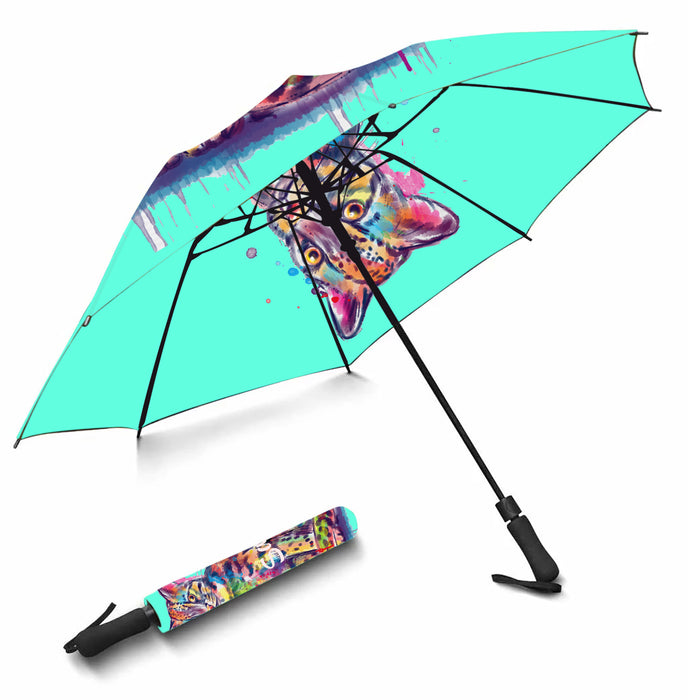 Custom Pet Name Personalized Watercolor Asian Leopard CatSemi-Automatic Foldable Umbrella