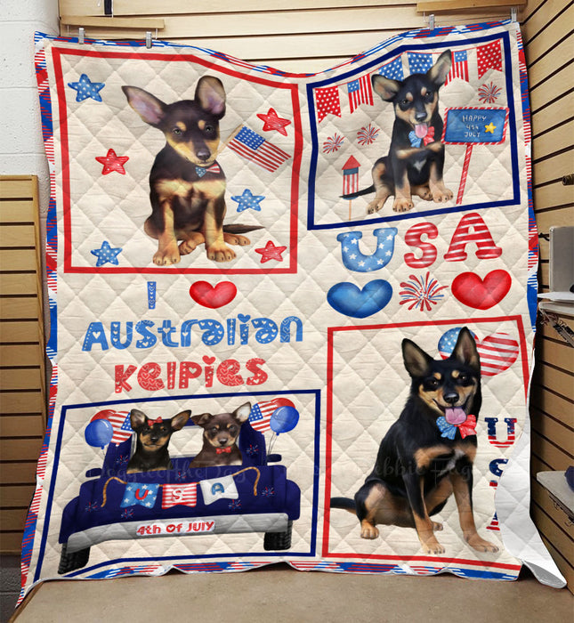4th of July Independence Day I Love USA Australian Kelpie Dogs Quilt Bed Coverlet Bedspread - Pets Comforter Unique One-side Animal Printing - Soft Lightweight Durable Washable Polyester Quilt