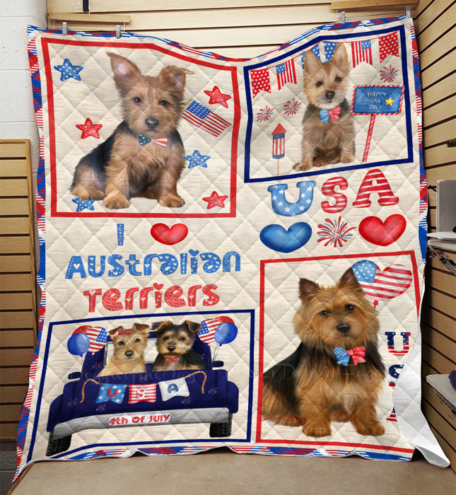 4th of July Independence Day I Love USA Australian Terrier Dogs Quilt Bed Coverlet Bedspread - Pets Comforter Unique One-side Animal Printing - Soft Lightweight Durable Washable Polyester Quilt