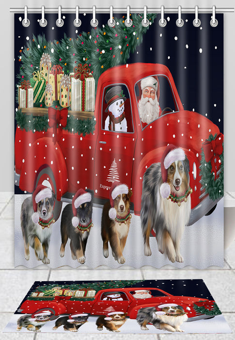 Christmas Express Delivery Red Truck Running Australian Shepherd Dogs Bath Mat and Shower Curtain Combo