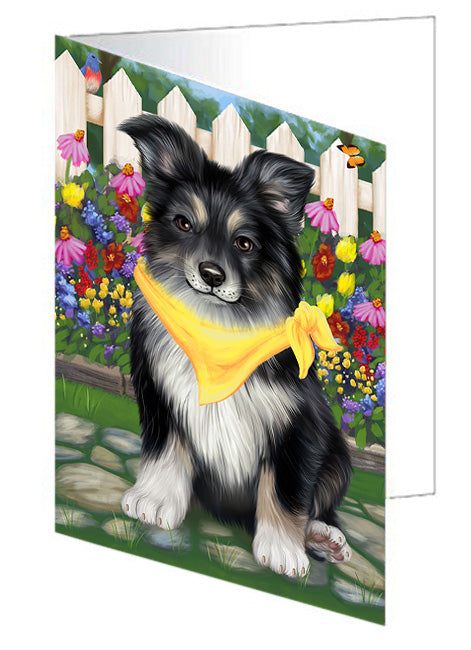 Spring Dog House Australian Shepherds Dog Handmade Artwork Assorted Pets Greeting Cards and Note Cards with Envelopes for All Occasions and Holiday Seasons GCD53348