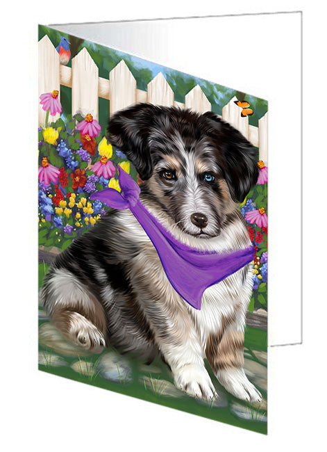 Spring Floral Australian Shepherd Dog Handmade Artwork Assorted Pets Greeting Cards and Note Cards with Envelopes for All Occasions and Holiday Seasons GCD53357