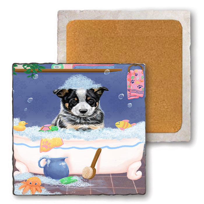 Rub A Dub Dog In A Tub Australian Cattle Dog Set of 4 Natural Stone Marble Tile Coasters MCST52294