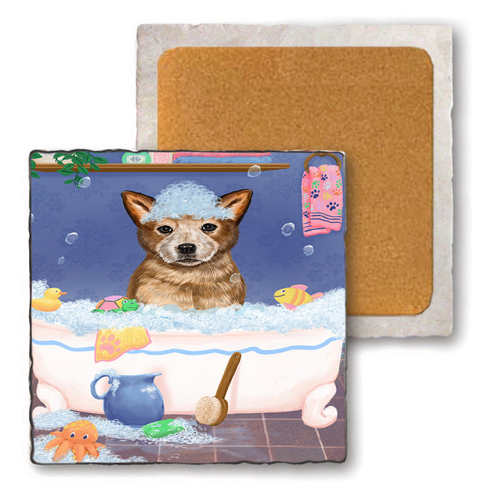 Rub A Dub Dog In A Tub Australian Cattle Dog Set of 4 Natural Stone Marble Tile Coasters MCST52295
