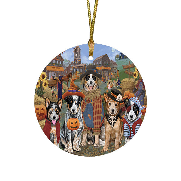 Halloween 'Round Town And Fall Pumpkin Scarecrow Both Australian Cattle Dogs Round Flat Christmas Ornament RFPOR57367