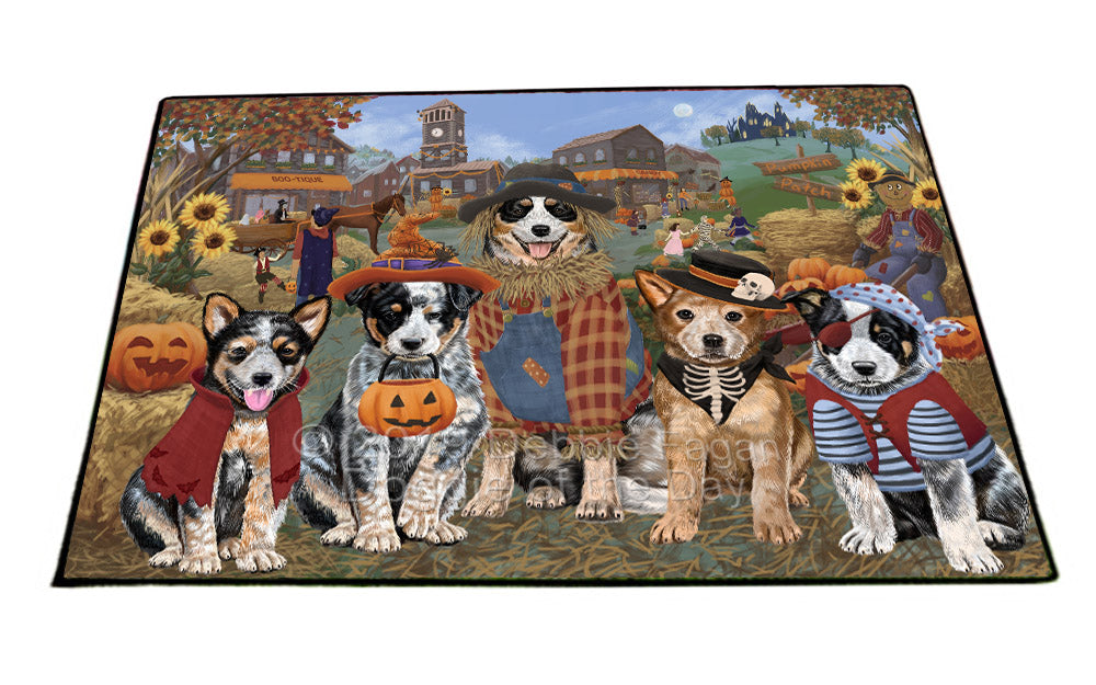 Halloween 'Round Town And Fall Pumpkin Scarecrow Both Australian Cattle Dogs Floormat FLMS53834
