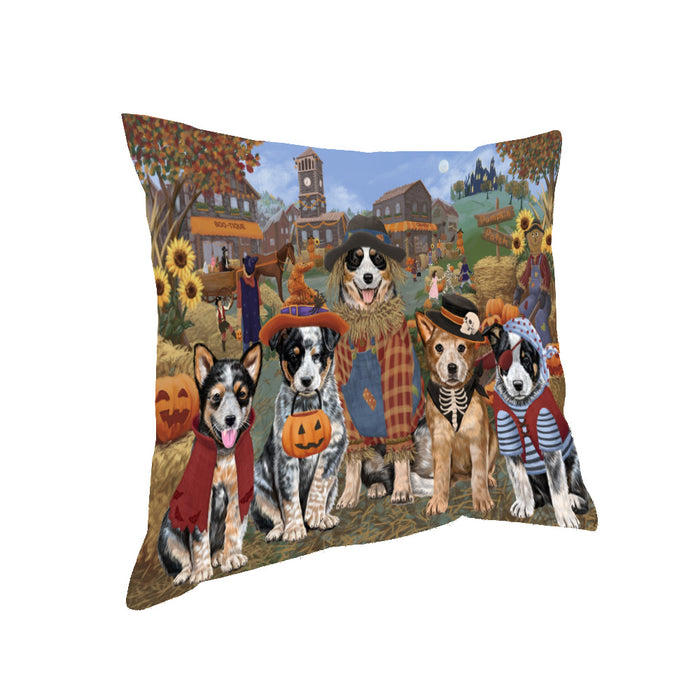 Halloween 'Round Town And Fall Pumpkin Scarecrow Both Australian Cattle Dogs Pillow PIL82252