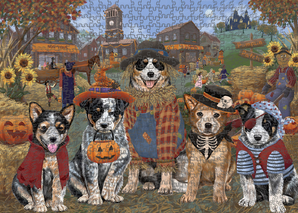 Halloween 'Round Town And Fall Pumpkin Scarecrow Both Australian Cattle Dogs Puzzle with Photo Tin PUZL96160