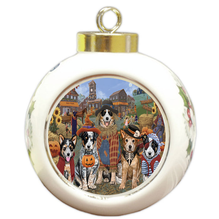 Halloween 'Round Town And Fall Pumpkin Scarecrow Both Australian Cattle Dogs Round Ball Christmas Ornament RBPOR57367