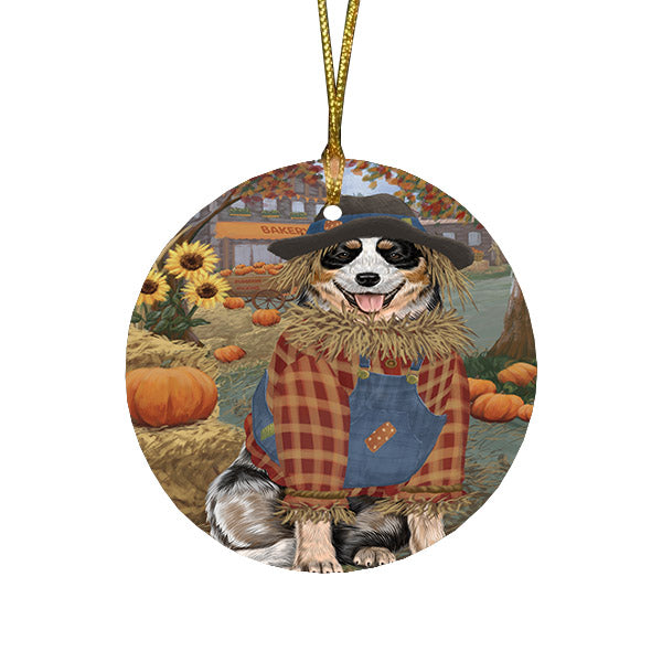 Halloween 'Round Town And Fall Pumpkin Scarecrow Both Australian Cattle Dogs Round Flat Christmas Ornament RFPOR57428