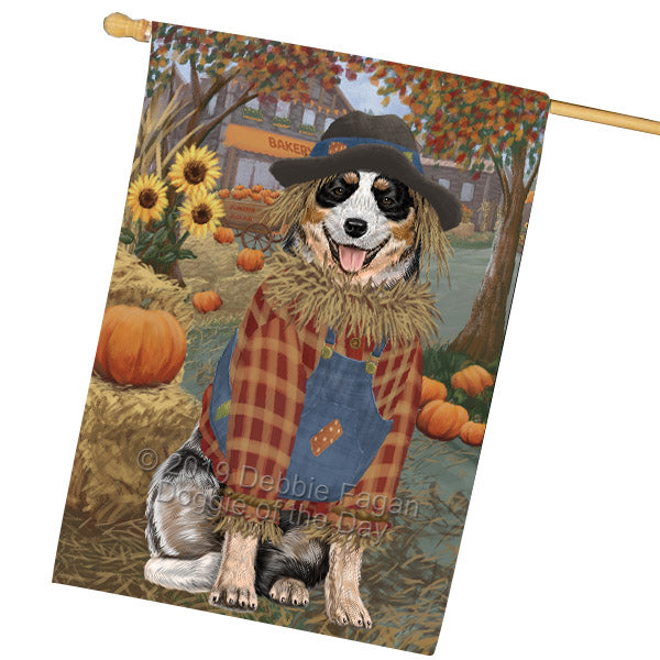 Halloween 'Round Town And Fall Pumpkin Scarecrow Both Australian Cattle Dogs House Flag FLG65680