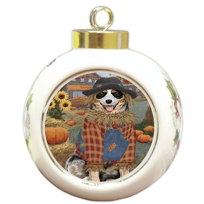 Halloween 'Round Town And Fall Pumpkin Scarecrow Both Australian Cattle Dogs Round Ball Christmas Ornament RBPOR57428