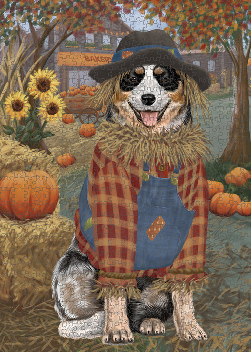 Halloween 'Round Town And Fall Pumpkin Scarecrow Both Australian Cattle Dogs Puzzle with Photo Tin PUZL96404