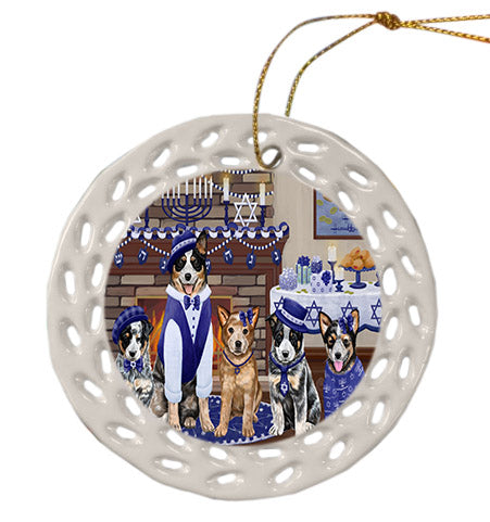 Happy Hanukkah Family Australian Cattle Dogs Ceramic Doily Ornament DPOR57585