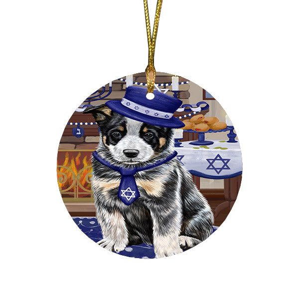 Happy Hanukkah Family and Happy Hanukkah Both Australian Cattle Dog Round Flat Christmas Ornament RFPOR57545