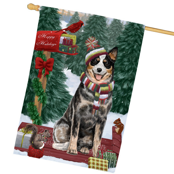 Christmas Woodland Sled Australian Cattle Dog House Flag Outdoor Decorative Double Sided Pet Portrait Weather Resistant Premium Quality Animal Printed Home Decorative Flags 100% Polyester FLG69525
