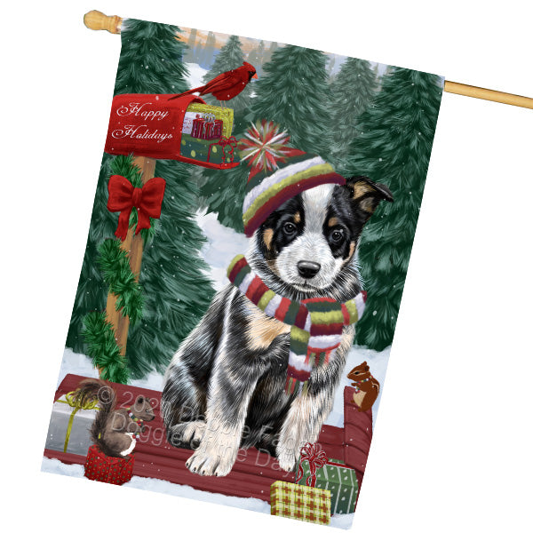 Christmas Woodland Sled Australian Cattle Dog House Flag Outdoor Decorative Double Sided Pet Portrait Weather Resistant Premium Quality Animal Printed Home Decorative Flags 100% Polyester FLG69527