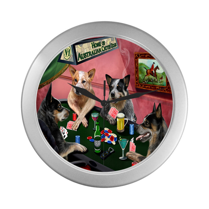 Home of Australian Cattle Dogs Playing Poker Silver Wall Clocks