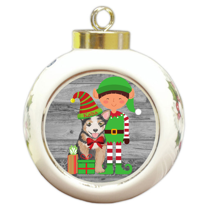 Custom Personalized Australian Cattle Dog Elfie and Presents Christmas Round Ball Ornament