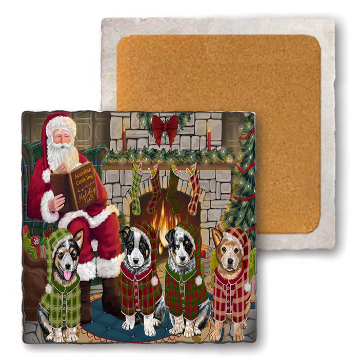 Christmas Cozy Holiday Tails Australian Cattle Dogs Set of 4 Natural Stone Marble Tile Coasters MCST50091